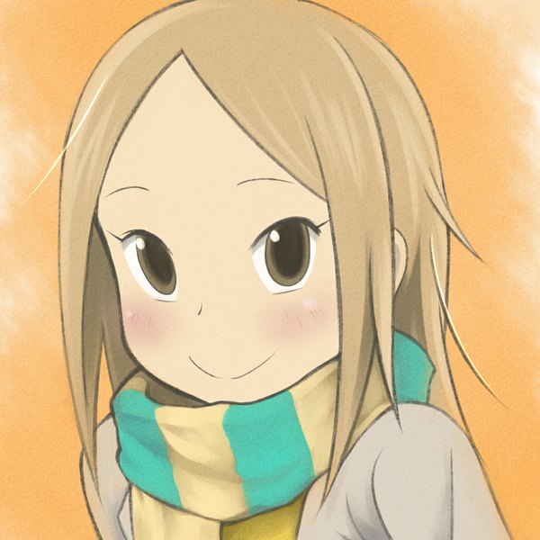 Anime picture 1024x1024 with usagi drop production i.g kaga rin single blush short hair blonde hair smile brown eyes portrait striped orange background girl scarf