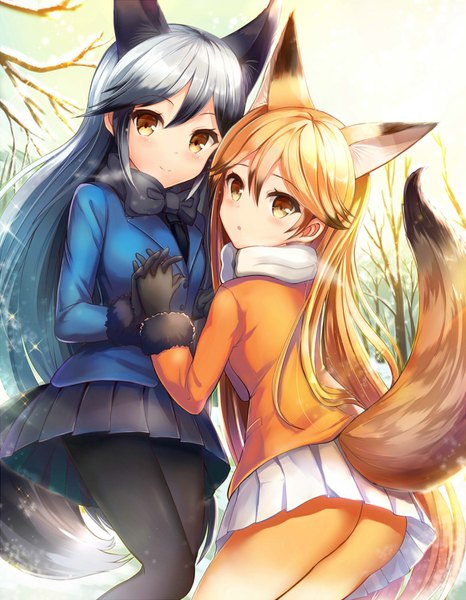 Anime picture 1166x1500 with kemono friends ezo red fox (kemono friends) silver fox (kemono friends) sakura ani tall image looking at viewer blush light erotic black hair blonde hair smile multiple girls animal ears tail very long hair animal tail pleated skirt looking back sunlight :o