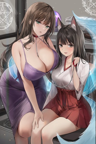 Anime picture 2731x4096 with original lillly long hair tall image looking at viewer blush fringe highres breasts open mouth light erotic black hair smile hair between eyes brown hair large breasts sitting bare shoulders multiple girls holding