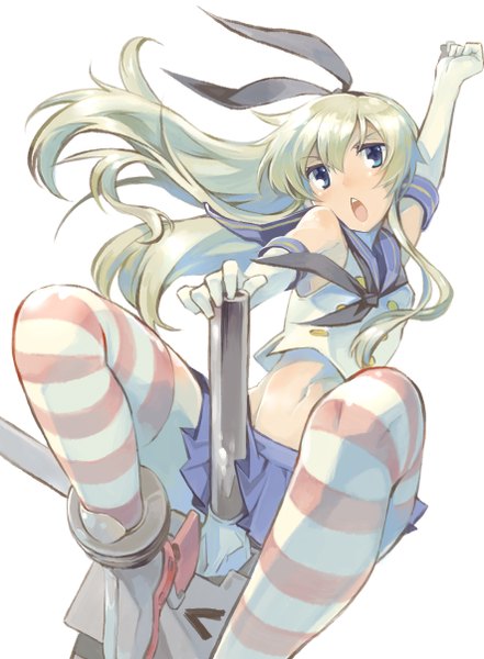 Anime picture 1772x2412 with kantai collection shimakaze destroyer rensouhou-chan nonco long hair tall image looking at viewer highres open mouth simple background blonde hair white background bare belly grey eyes zettai ryouiki > < riding girl thighhighs skirt