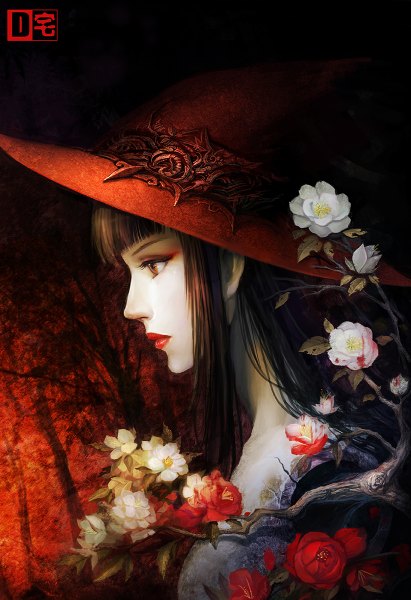 Anime picture 822x1200 with little red riding hood little red riding hood (character) d-zhai single long hair tall image fringe brown hair brown eyes profile lipstick dark background eyeshadow girl flower (flowers) plant (plants) hat tree (trees)