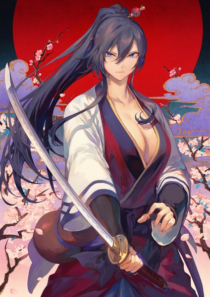 Anime picture 1447x2047 with original mashuu (neko no oyashiro) single long hair tall image looking at viewer fringe breasts blue eyes light erotic black hair hair between eyes large breasts standing holding payot cleavage ponytail traditional clothes japanese clothes