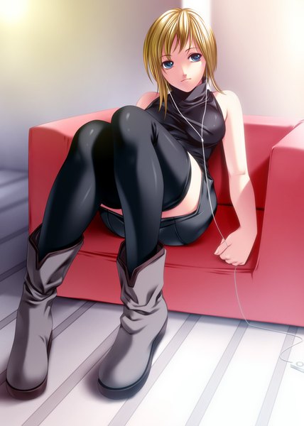 Anime picture 714x1000 with original ipod rezi single tall image short hair blue eyes blonde hair sitting girl thighhighs black thighhighs boots headphones couch wire (wires)
