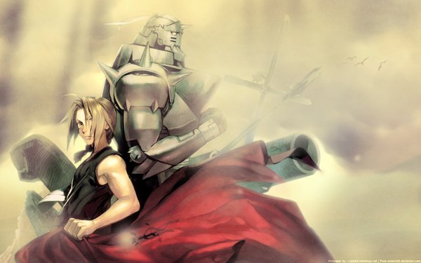 Anime picture 1920x1200 with fullmetal alchemist studio bones edward elric alphonse elric xiao mei fringe highres blonde hair wide image white background yellow eyes hair over one eye multiple boys back to back boy weapon armor 2 boys cloak fist