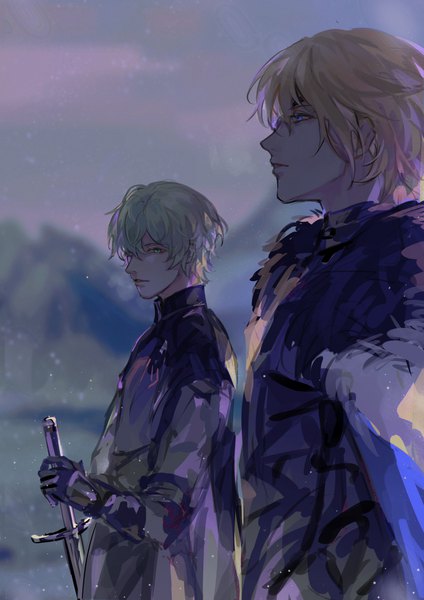 Anime picture 2480x3508 with fire emblem fire emblem: three houses nintendo byleth (fire emblem) dimitri alexandre blaiddyd byleth (male) (fire emblem) kao chuan tall image fringe highres short hair blue eyes blonde hair hair between eyes standing holding green eyes looking away outdoors profile