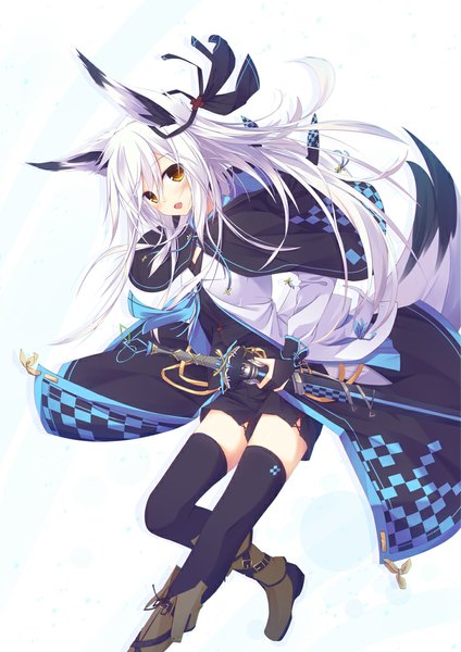 Anime picture 724x1024 with original nagishiro mito single long hair tall image fringe open mouth simple background white background brown eyes animal ears yellow eyes ahoge bent knee (knees) white hair tail animal tail leaning zettai ryouiki leaning forward