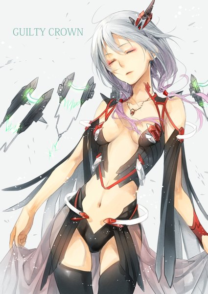Anime picture 2149x3035 with guilty crown production i.g yuzuriha inori tayuya1130 single long hair tall image highres breasts light erotic twintails bare shoulders ahoge eyes closed multicolored hair grey hair inscription eyeshadow center opening girl