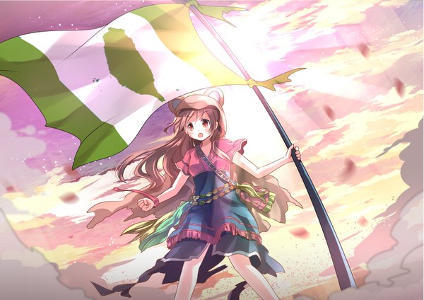 Anime picture 1771x1254 with original risutaru single long hair looking at viewer blush highres open mouth brown hair holding brown eyes sky cloud (clouds) blurry twilight girl hood cap flag animal hat