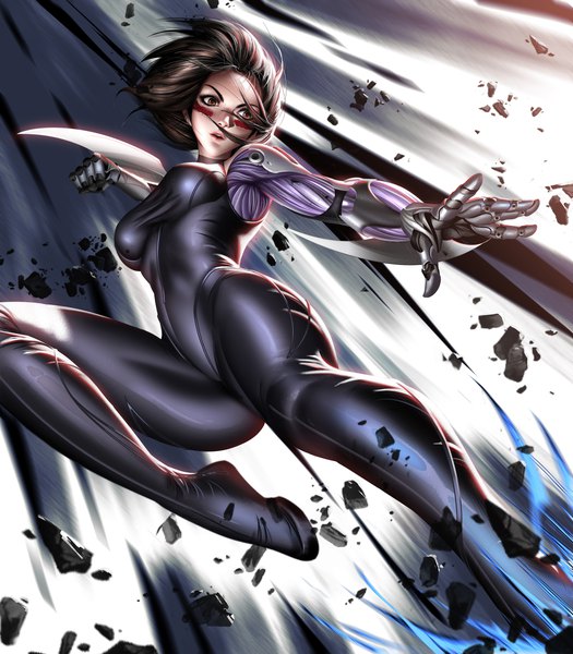 Anime picture 3500x4000 with battle angel alita gally liang xing single tall image looking at viewer highres short hair open mouth light erotic brown hair brown eyes absurdres outstretched arm serious face paint girl weapon bodysuit fist