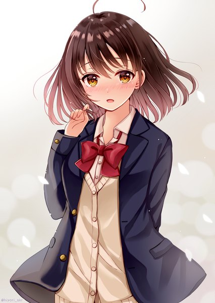 Anime picture 773x1088 with original sakura hiyori single tall image looking at viewer blush fringe short hair open mouth simple background hair between eyes brown hair standing signed yellow eyes ahoge open clothes floating hair arm behind back holding hair