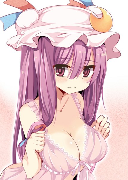Anime picture 740x1035 with touhou patchouli knowledge matsuri uta single long hair tall image looking at viewer blush breasts light erotic large breasts purple eyes cleavage purple hair light smile alternate costume girl lingerie bonnet