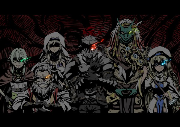 Anime picture 1285x910 with goblin slayer! white fox high elf archer (goblin slayer!) goblin slayer priestess (goblin slayer!) sword maiden lizard priest (goblin slayer!) dwarf shaman (goblin slayer!) icefish long hair looking at viewer fringe short hair breasts open mouth blonde hair smile hair between eyes standing multiple girls