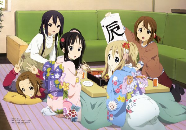 Anime picture 4202x2940 with k-on! kyoto animation akiyama mio hirasawa yui nakano azusa kotobuki tsumugi tainaka ritsu sakamoto kazuya long hair highres short hair open mouth blue eyes black hair blonde hair brown hair sitting twintails multiple girls brown eyes