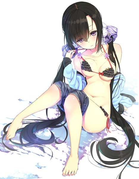 Anime picture 781x1000 with original peragura single tall image looking at viewer blush light erotic black hair simple background white background sitting bare shoulders very long hair head tilt barefoot bare belly girl navel swimsuit bikini