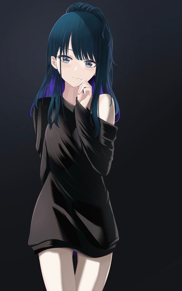 Anime picture 1283x2048 with idolmaster idolmaster shiny colors kazano hiori ryouta (ryouta335) single long hair tall image looking at viewer simple background smile standing multicolored hair off shoulder two-tone hair grey eyes black background colored inner hair dark hair girl dress