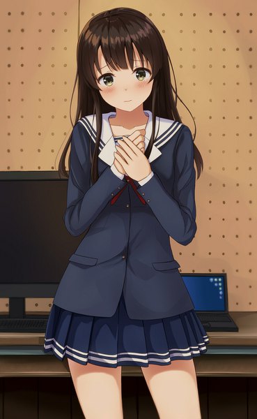 Anime picture 862x1400 with saenai heroine no sodatekata a-1 pictures katou megumi burenbo single long hair tall image looking at viewer blush fringe brown hair standing brown eyes indoors pleated skirt tears hands clasped girl skirt uniform