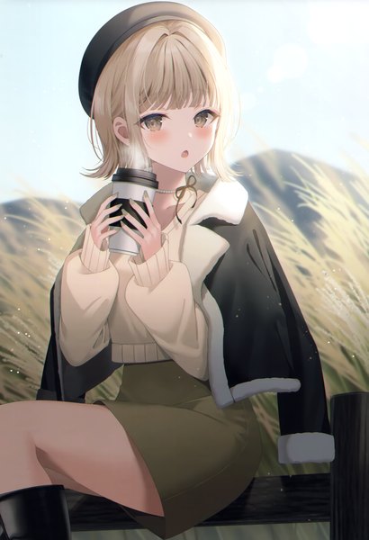 Anime picture 2381x3483 with original myusha single tall image looking at viewer blush fringe highres short hair open mouth brown hair sitting holding brown eyes sky outdoors long sleeves nail polish fingernails scan