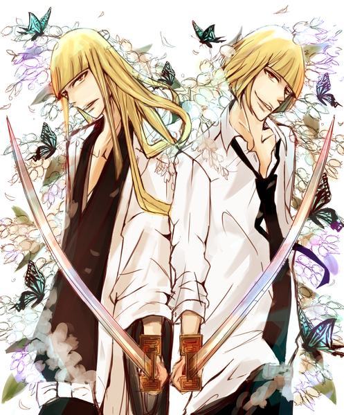 Anime picture 1280x1544 with bleach studio pierrot hirako shinji long hair tall image short hair blonde hair smile yellow eyes open clothes open shirt serious dual persona bob cut boy weapon shirt sword necktie katana