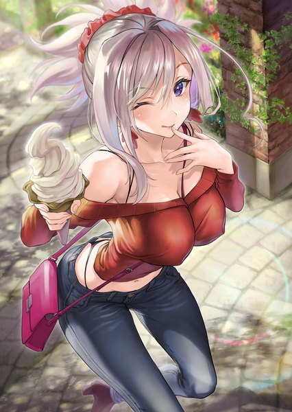 Anime picture 1100x1551 with fate (series) fate/grand order miyamoto musashi (fate) sage joh single long hair tall image looking at viewer blush breasts light erotic large breasts standing purple eyes bare shoulders bent knee (knees) outdoors ponytail one eye closed from above