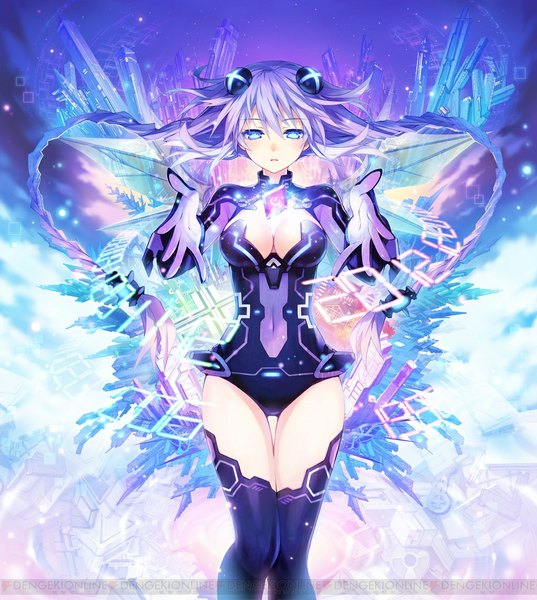 Anime picture 1024x1145 with choujigen game neptune purple heart tsunako single long hair tall image blush breasts blue eyes twintails cleavage purple hair braid (braids) official art twin braids covered navel watermark cleavage cutout outstretched hand girl