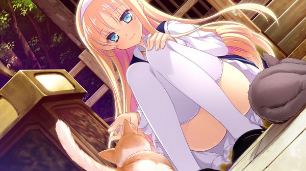 Anime picture 1200x675 with hana no no ni saku utakata no inoue reina odawara hakone single long hair blush fringe blue eyes light erotic blonde hair smile wide image game cg outdoors squat convenient leg girl thighhighs plant (plants) animal