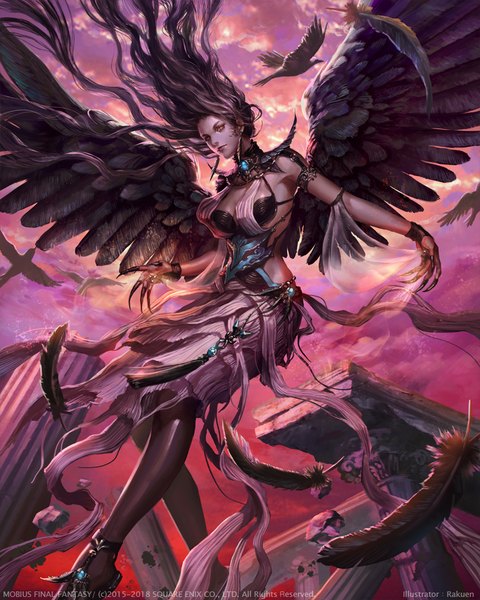 Anime picture 784x980 with mobius final fantasy square enix rakuen single long hair tall image looking at viewer yellow eyes sky cloud (clouds) sunlight realistic official art from below floating hair outstretched arm flying black wings destruction goddess