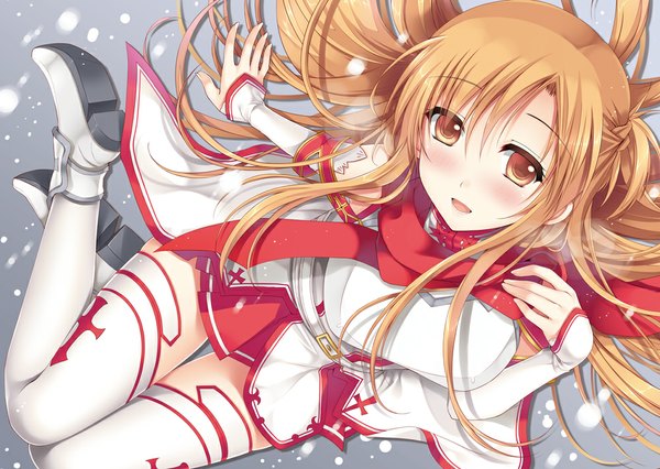 Anime picture 1000x710 with sword art online a-1 pictures yuuki asuna sousouman single long hair looking at viewer blush open mouth brown hair brown eyes girl thighhighs dress detached sleeves white thighhighs scarf
