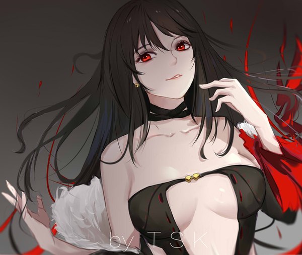 Anime-Bild 1420x1200 mit fate (series) fate/grand order yu mei-ren (fate) tsk single long hair looking at viewer fringe breasts light erotic black hair simple background hair between eyes red eyes large breasts bare shoulders signed upper body parted lips off shoulder