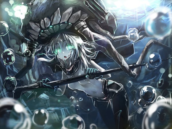 Anime picture 1333x1000 with kantai collection wo-class aircraft carrier patricia (stylish marunage) single long hair looking at viewer green eyes grey hair teeth covered navel pale skin underwater shinkaisei-kan girl gloves black gloves cape bodysuit bubble (bubbles) staff
