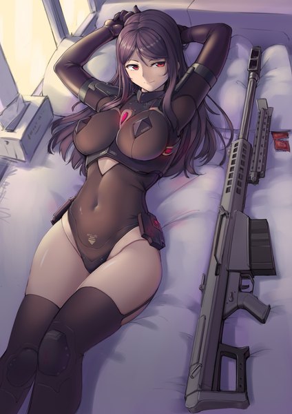 Anime-Bild 6070x8599 mit original kuromori (1010845110) single long hair tall image fringe highres breasts light erotic black hair hair between eyes red eyes large breasts absurdres indoors lying from above light smile arms up on back
