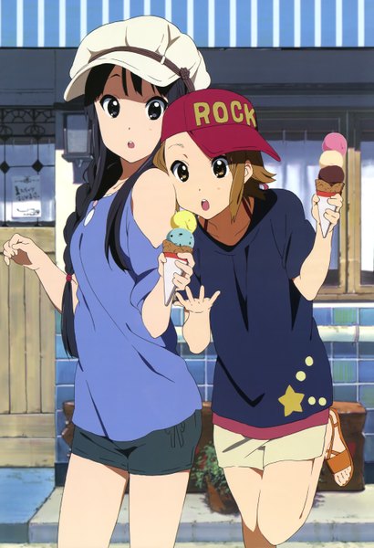 Anime picture 4083x5967 with k-on! kyoto animation megami magazine akiyama mio tainaka ritsu horiguchi yukiko tall image highres black hair brown hair multiple girls absurdres official art :o clothes writing girl 2 girls hat miniskirt food