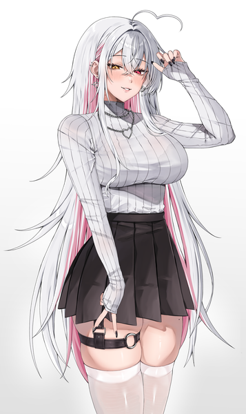 Anime picture 4822x8106 with original vivi (vitaminechan) vitaminechan single long hair tall image looking at viewer blush fringe highres breasts simple background hair between eyes red eyes white background yellow eyes absurdres silver hair ahoge long sleeves