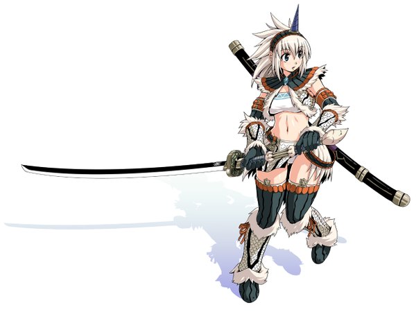 Anime picture 1280x960 with monster hunter kirin (armor) monster hunter (character) funamushi (funa) single fringe blue eyes light erotic simple background white background looking away bent knee (knees) white hair horn (horns) shadow standing on one leg girl thighhighs gloves navel