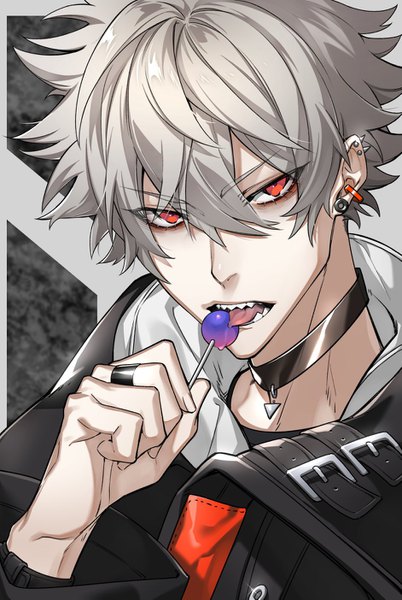 Anime picture 941x1403 with original westxost (68monkey) single tall image looking at viewer fringe short hair open mouth red eyes holding silver hair upper body teeth piercing portrait ear piercing licking sharp teeth boy earrings