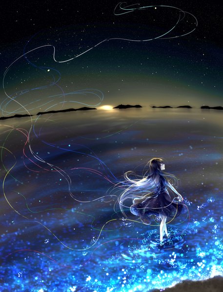 Anime picture 1524x2000 with original karo karo single long hair tall image fringe open mouth black hair hair between eyes sky full body outdoors eyes closed very long hair profile multicolored hair barefoot from above wind grey hair