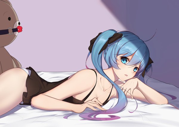 Anime picture 3508x2480 with vocaloid hatsune miku langya beike single long hair looking at viewer fringe highres breasts light erotic hair between eyes twintails bare shoulders blue hair absurdres cleavage ahoge indoors lying parted lips