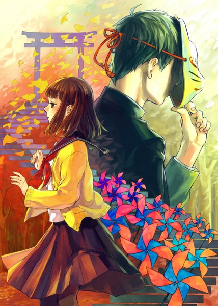 Anime picture 1000x1403 with original gua yuan tall image blush fringe short hair brown hair standing brown eyes profile pleated skirt green hair wind couple back to back girl boy skirt uniform plant (plants)