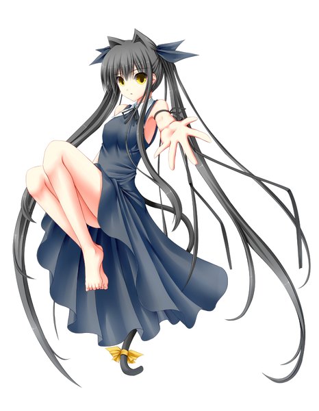 Anime-Bild 777x1000 mit original shouyan single tall image looking at viewer black hair simple background white background twintails animal ears yellow eyes tail very long hair animal tail barefoot cat ears bare legs cat girl cat tail girl
