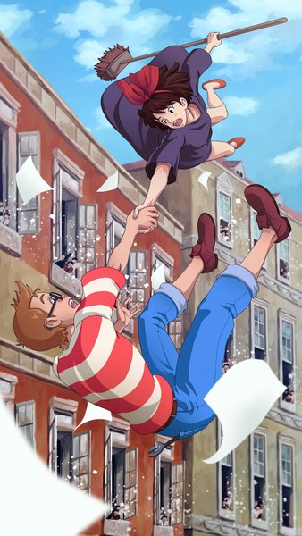 Anime picture 1000x1771 with kiki's delivery service studio ghibli kiki tombo kopoli tall image short hair open mouth brown hair falling scared girl dress boy bow hair bow glasses building (buildings) paper broom house