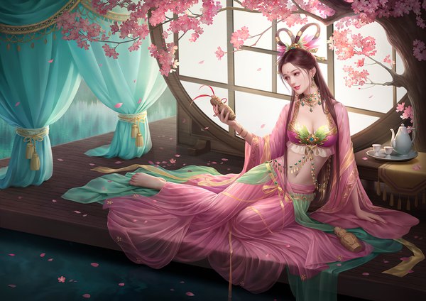 Anime picture 1414x1000 with legend of the three kingdoms diao chan (legend of the three kingdoms) fan xiu single long hair fringe breasts brown hair sitting holding brown eyes looking away cleavage full body nail polish traditional clothes parted lips barefoot arm up fingernails