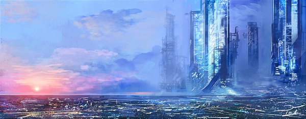 イラスト 1024x401 と オリジナル powl96 wide image 空 cloud (clouds) city evening sunset cityscape no people city lights morning sunrise 建物 太陽 家