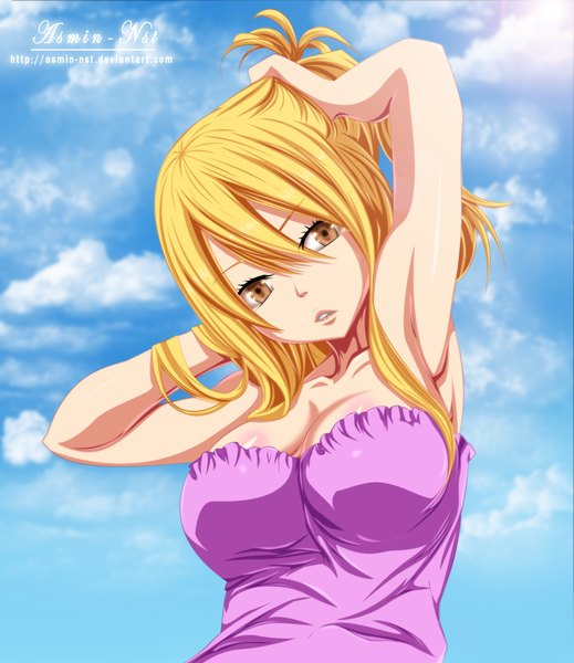 Anime picture 1500x1734 with fairy tail lucy heartfilia iitheluciferii single long hair tall image light erotic blonde hair bare shoulders brown eyes sky cloud (clouds) sunlight armpit (armpits) coloring adjusting hair girl dress