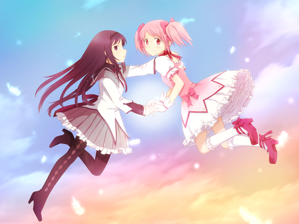 Anime picture 1600x1200 with mahou shoujo madoka magica shaft (studio) akemi homura kaname madoka arya (artist) long hair looking at viewer blush short hair smile red eyes purple eyes twintails multiple girls pink hair sky purple hair holding hands short twintails jumping