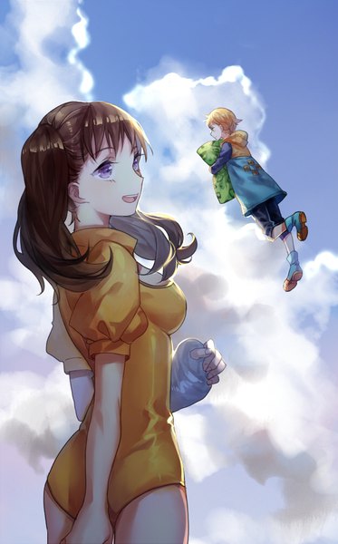 Anime picture 622x1000 with nanatsu no taizai a-1 pictures diane (nanatsu no taizai) king (nanatsu no taizai) imi fumei long hair tall image fringe short hair breasts open mouth smile brown hair standing purple eyes twintails holding sky cloud (clouds) full body