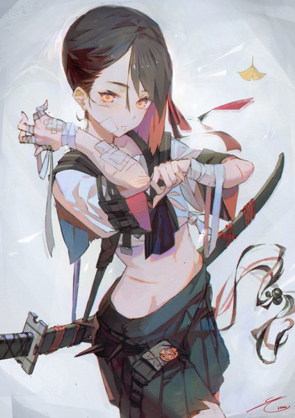 Anime picture 992x1403 with original hxxg single tall image looking at viewer blush fringe short hair black hair simple background hair between eyes standing pleated skirt multicolored hair two-tone hair midriff orange eyes sheathed injury bandaid on face