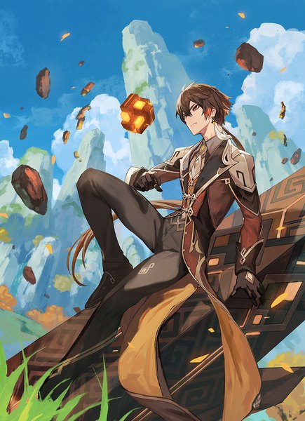 Anime picture 1087x1500 with genshin impact zhongli (genshin impact) lack single tall image fringe hair between eyes brown hair sitting brown eyes looking away sky cloud (clouds) outdoors very long hair low ponytail rock boy gloves plant (plants)