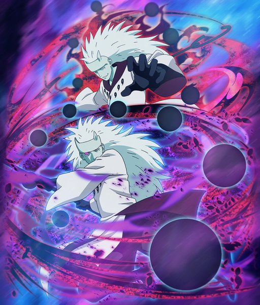 Anime picture 1024x1201 with naruto studio pierrot naruto (series) uchiha madara shiroshikun666 long hair tall image looking at viewer smile purple eyes holding looking away full body bent knee (knees) white hair one eye closed horn (horns) wide sleeves outstretched arm covered mouth