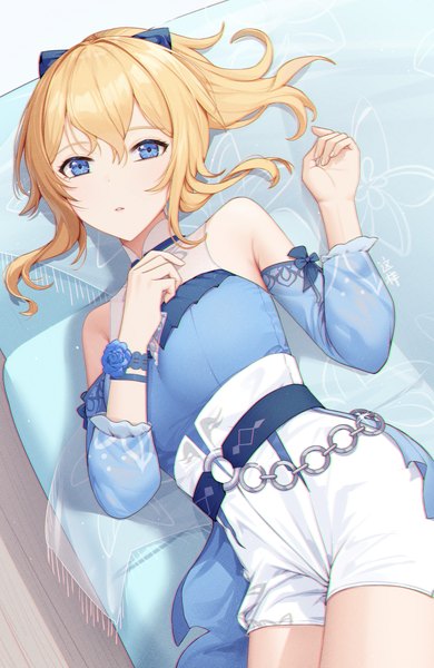 Anime picture 2600x4000 with genshin impact jean gunnhildr jean (sea breeze dandelion) (genshin impact) zx961219 single long hair tall image looking at viewer blush fringe highres blue eyes blonde hair hair between eyes bare shoulders payot ponytail lying official alternate costume girl