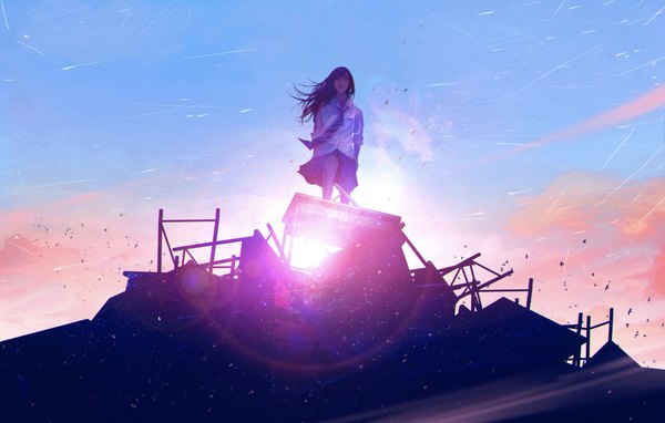 Anime picture 2048x1306 with original wataboku single long hair looking at viewer fringe highres black hair standing sky cloud (clouds) full body bent knee (knees) wind sunlight from below lens flare evening sunset expressionless