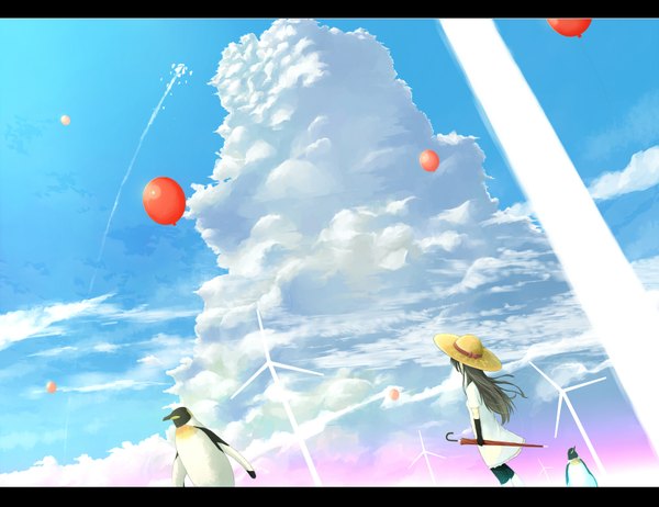 Anime picture 1750x1350 with original hazfirst single long hair highres black hair sky cloud (clouds) letterboxed looking up closed umbrella girl hat animal bird (birds) umbrella straw hat balloon penguin wind turbine